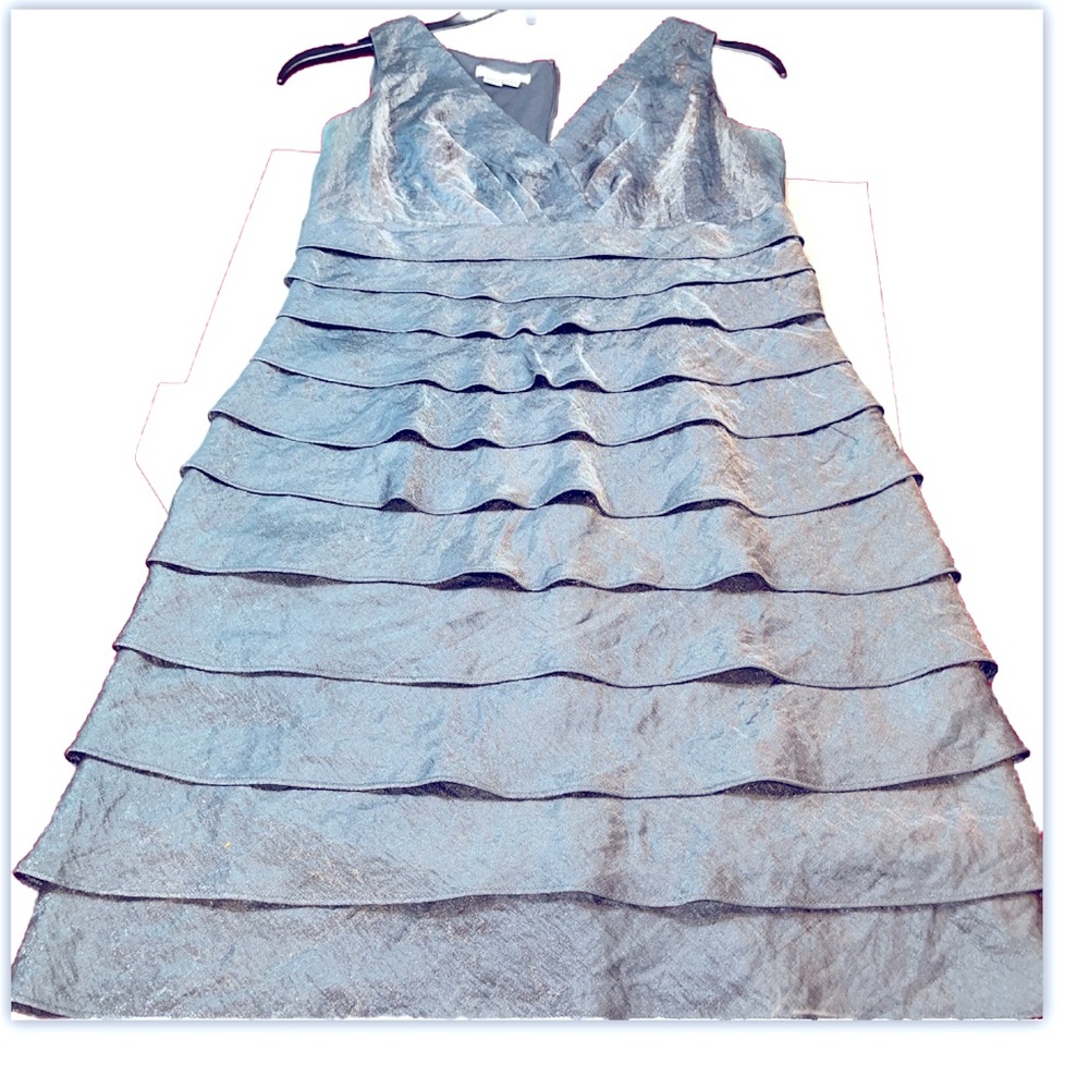 London times BLUE gray ruffle DRESS V NECK Layered Shiny ZIP up sleeveless, 12P